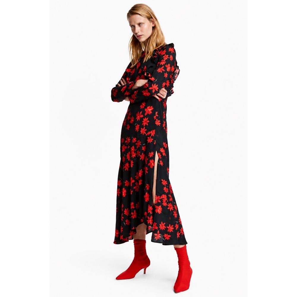 HM Blogger Favorite Floral Ruffle Midi Dress Long Sleeve Red Black Side Slit 4